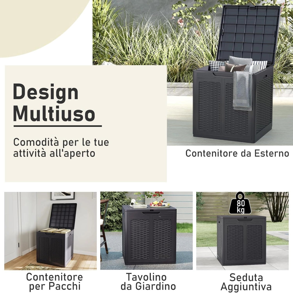 Baule da Esterno 145 L, Cassapanca Contenitore Impermeabile con Effetto Rattan, Coperchio Bloccabile e Maniglie, per Giardino, Patio e Piscina, 56 x 56 x 60,5 cm (Marrone)