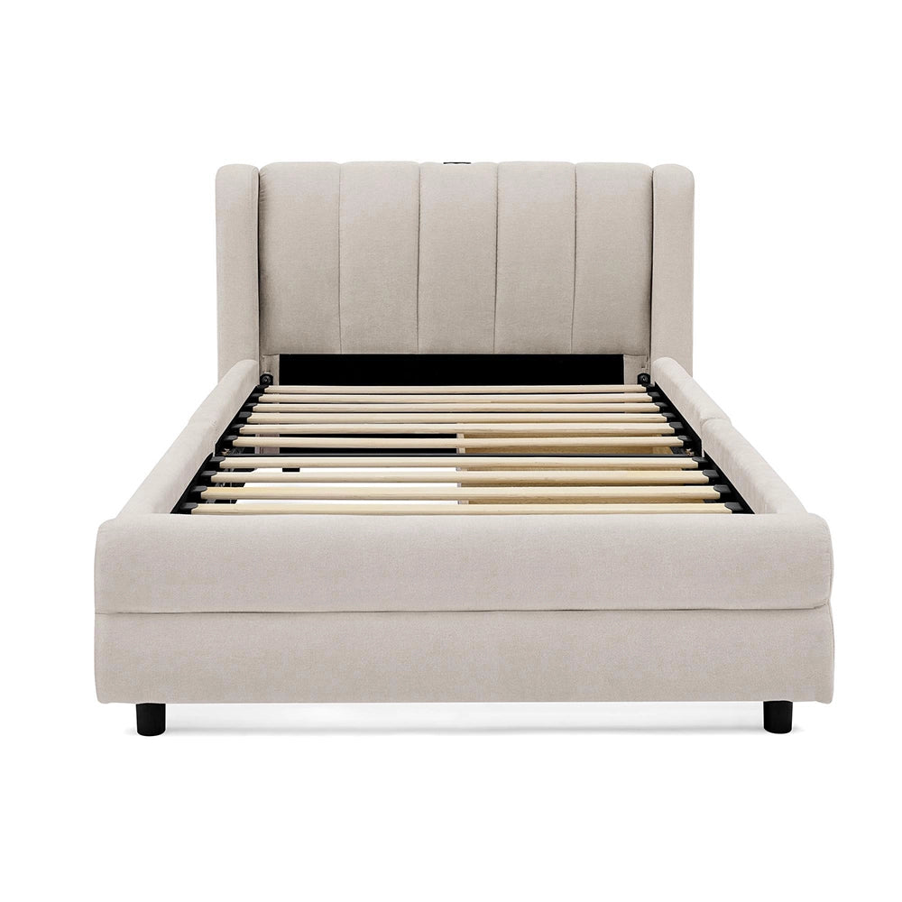 Letto singolo con cassetti - Xylo - 90x200 cm - Beige - Tessuto chenille, USB, design ergonomico