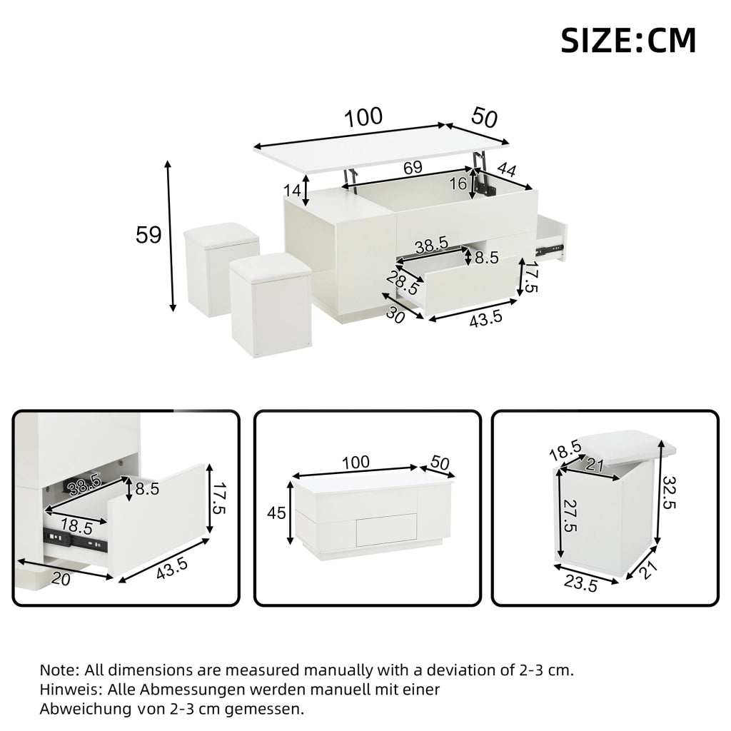 OKWISH Tavolino da Salotto Alzabile con 2 Cassetti, LED, Vano Nascosto e 2 Sgabelli, Bianco, 100 x 50 x 45 cm
