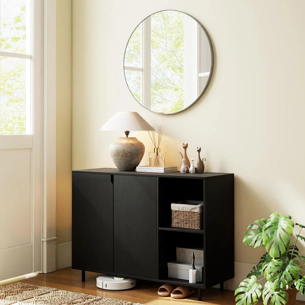 Credenza Cucina Bianca, Armadio Dispensa con Ante, Ripiano Regolabile in 5 Livelli e Dispositivo Anti-Ribaltamento, Mobile Buffet per Soggiorno e Corridoio, 106x38x80cm (L x P x A) (Nero)