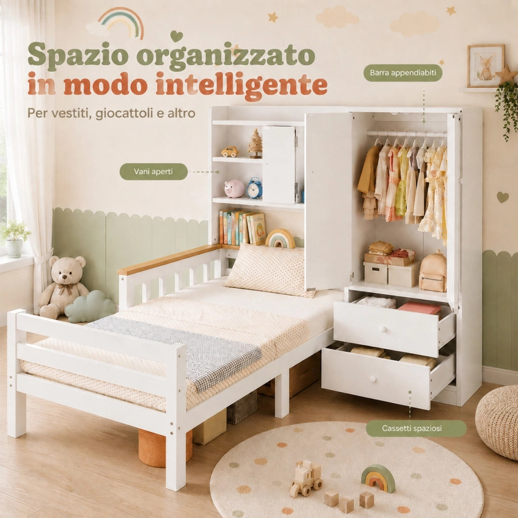 Letto per bambini 90 x 200 cm con armadio integrato e cassetti; legno e MDF bianco