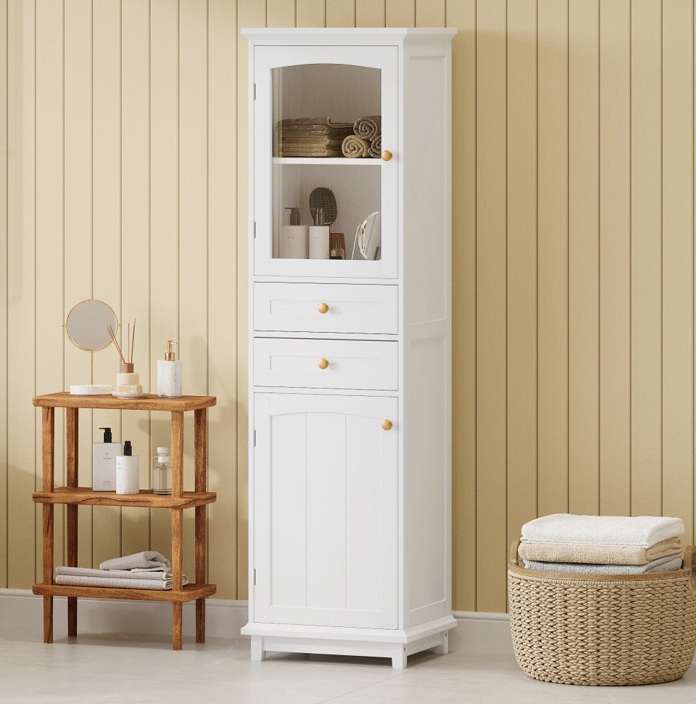 Armadio da bagno in MDF e vetro, 45 x 36 x 160 cm, bianco, con 2 cassetti e ripiani regolabili