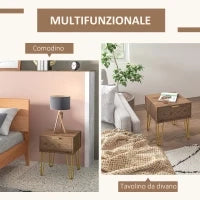 Comodini Moderni Set 2 Pezzi in Truciolato e Acciaio con Cassetto, 39.5x41x49 cm, Marrone