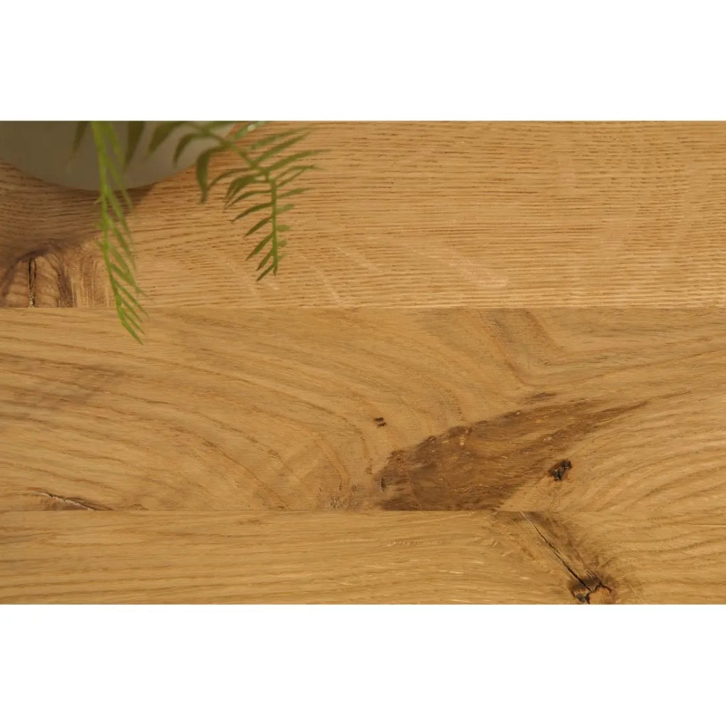 Tavolino basso CAVARA 110 cm in legno massiccio di rovere oliato con gambe metalliche nere a X – stile industriale