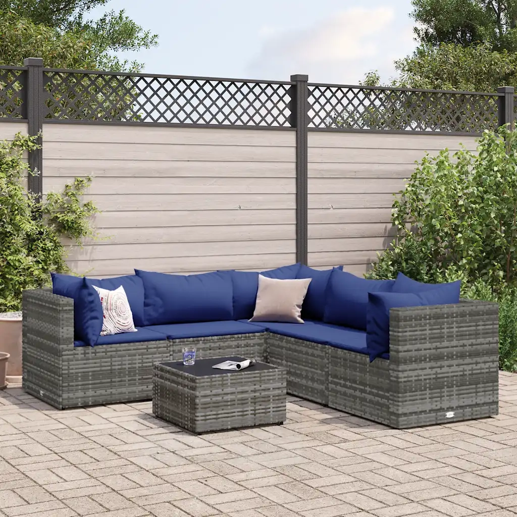 Set Divani da Giardino 6 pz con Cuscini in Polyrattan Grigio