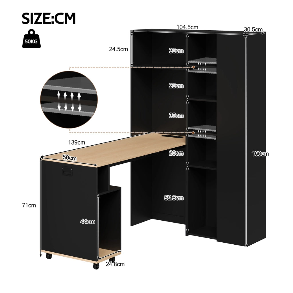 Scrivania pieghevole 2 in 1 con libreria, presa EU e USB, anti ribaltamento per home office 104,5 × 30,5 × 160 cm