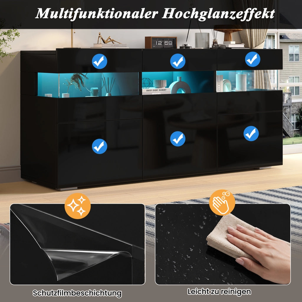 Credenza e madia con LED, 3 ante e 7 vani, frontale lucido, per soggiorno, in truciolare, nero, 140 × 40,5 × 66,5 cm