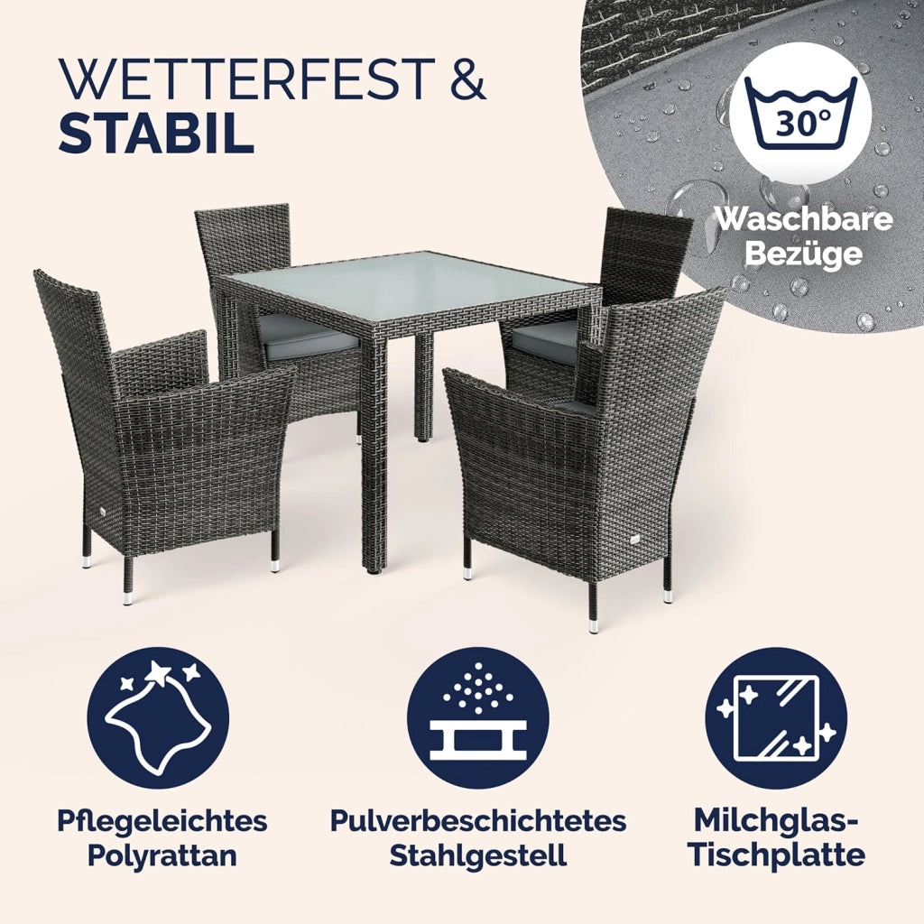 ® Set di Mobili da Giardino 4 Sedie Impilabili con Cuscini e Tavolo 90x90cm Polyrattan Balcone Terrazza