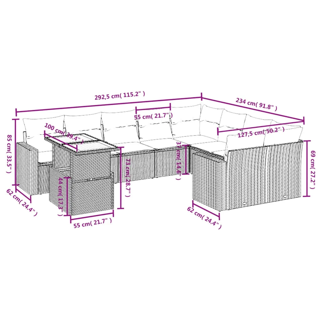 Set Divano da Giardino 10 pz con Cuscini Beige in Polyrattan 3271479