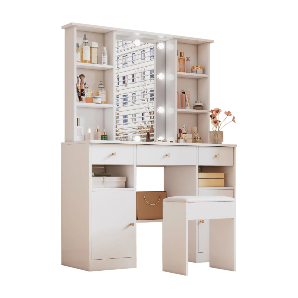 Tavolo da trucco con specchio e LED regolabili, 3 cassetti, 2 ante e 4 ripiani aperti, bianco, 110 x 40 x 151 cm