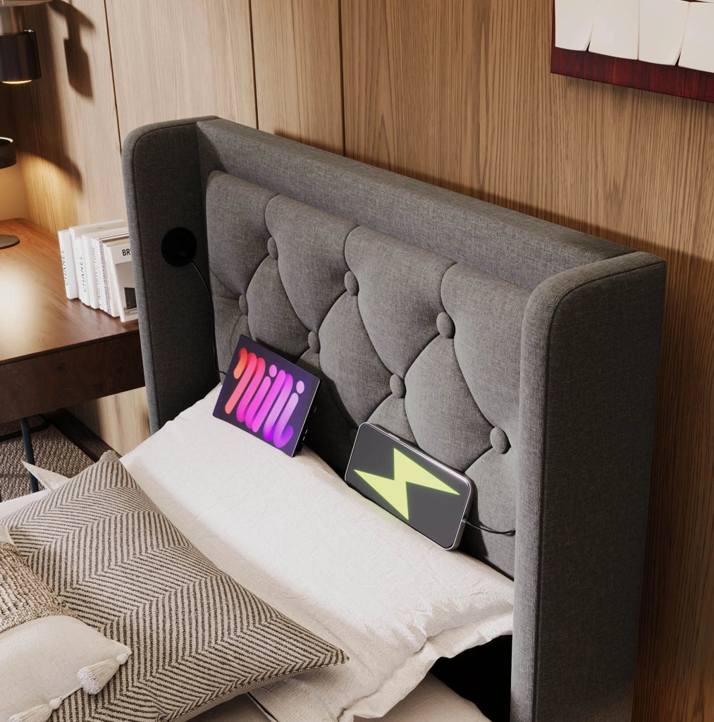 Letto imbottito singolo ULEVR 90x200 cm con contenitore idraulico, LED, USB e Type-C, cotone grigio