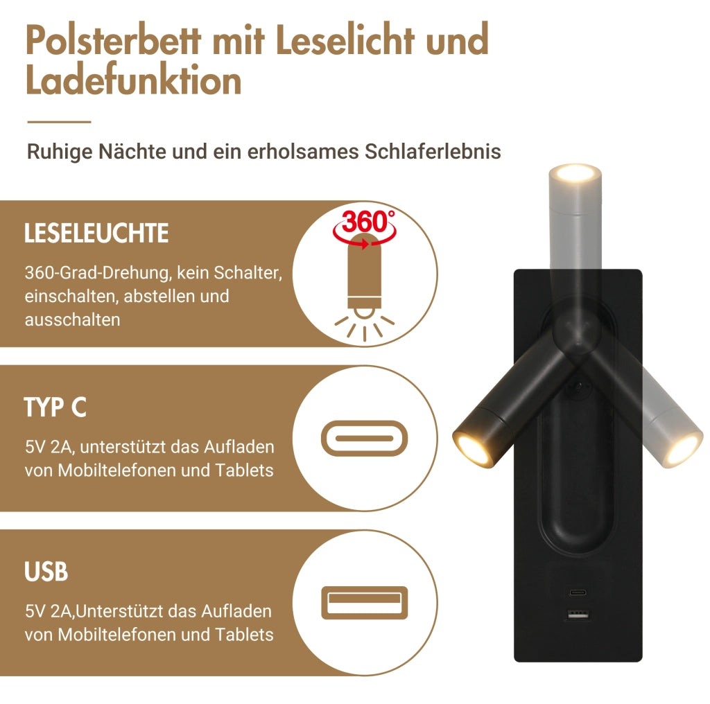 Letto matrimoniale 160x200 cm con contenitore; luce da lettura e porte USB Type-C; grigio