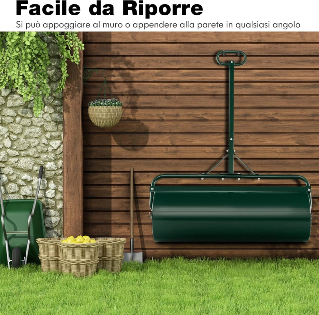 Rullo per Prato in Metallo 63 L, Rullo da Giardino 90 cm Riempibile con Acqua/Sabbia, con Gancio e Impugnatura Staccabile 137 cm, Ideale per Giardino, Prato, Parco e Fattoria (Verde)