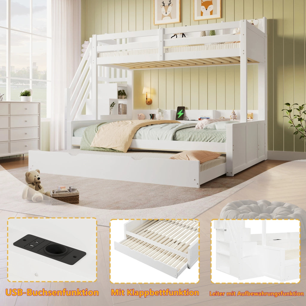 Letto a castello 90×200 cm e 140×200 cm 4 posti, estraibile 90×190 cm, USB e scale contenitore, senza materassi