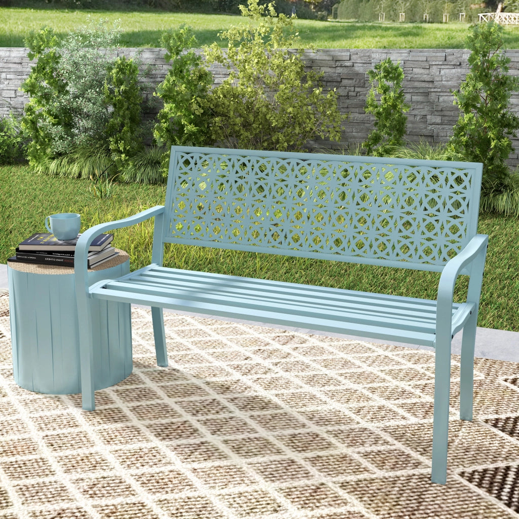 Panca Da Giardino Due Posti Elegante 127 X 63 X 85 Cm Acciaio Blu Per Esterni Resistente