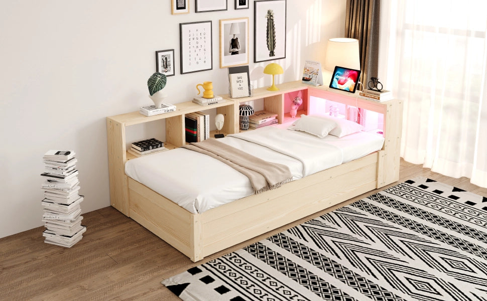 Letto singolo 90 × 200 cm con presa multifunzione, luce LED, vani contenitore e senza materasso, legno naturale