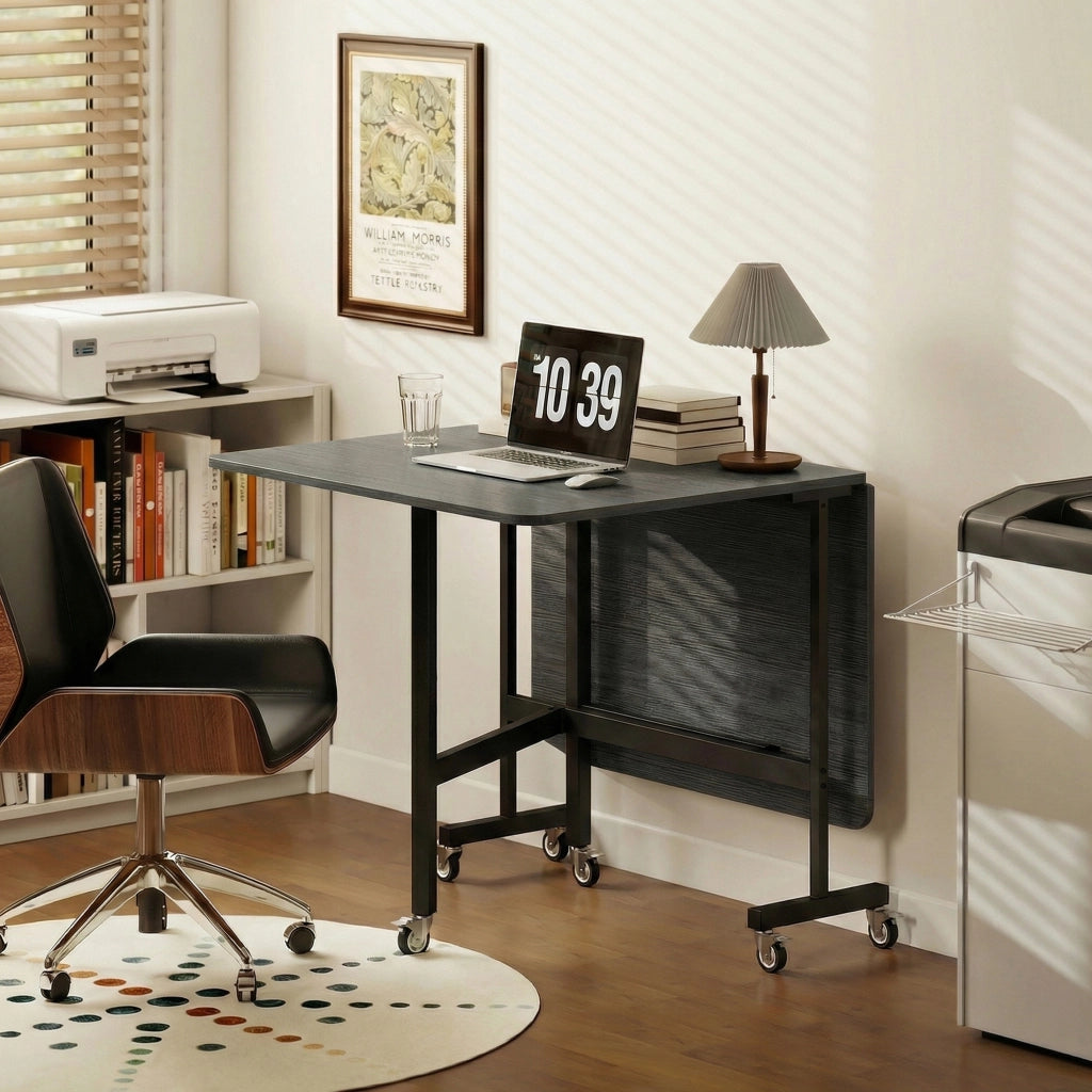 Tavolo Pieghevole per 4-6 Persone 120x80x73 cm con 2 Ribalte e Ruote con Freno Struttura in Acciaio Nero Effetto Legno