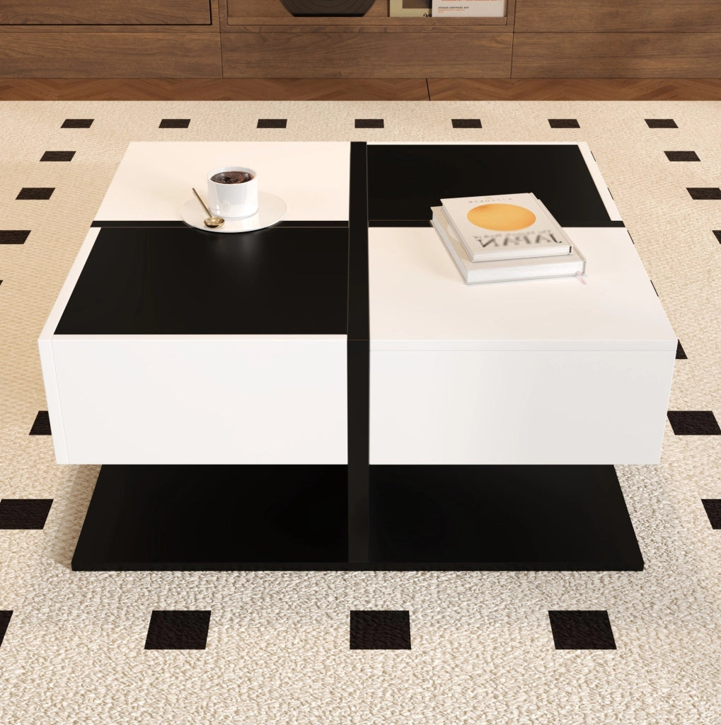 Tavolino da caffè 70x70x35.5 cm con 2 cassetti; spazio nascosto; in truciolare nero e bianco
