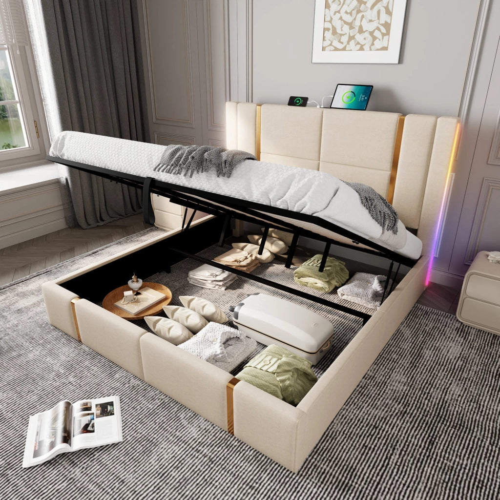 Letto Matrimoniale 2 Posti con Panca Contenitore; Luci da Lettura; USB e Comodini; 160×200 cm; senza Materasso
