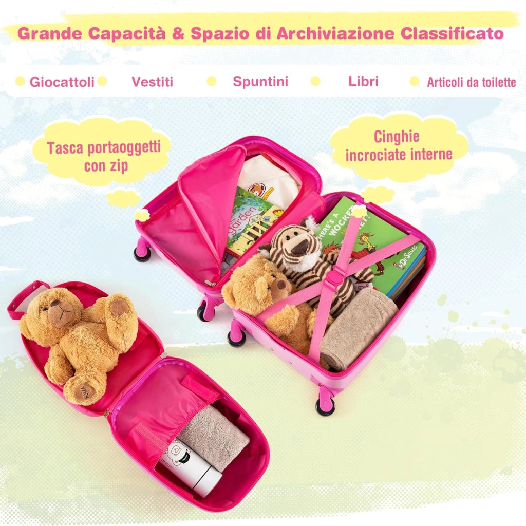 Set di Valigia per Bambini, 16" Valigia+ 12" Zaino, 2 Pezzi, con Ruote Girevoli a 360° e Maniglia Retrattile, Ideale per Viaggiare in Modo Comodo e Divertente (Modello 26)