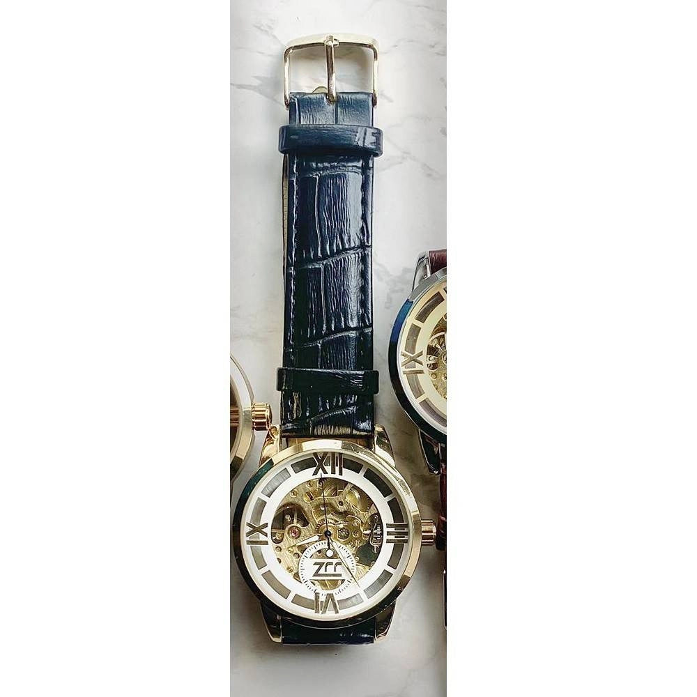 Trade Shop - Orologio Da Polso Zcc Romani Uomo Automatico Cinturino Pelle Casual Nero Bianco -