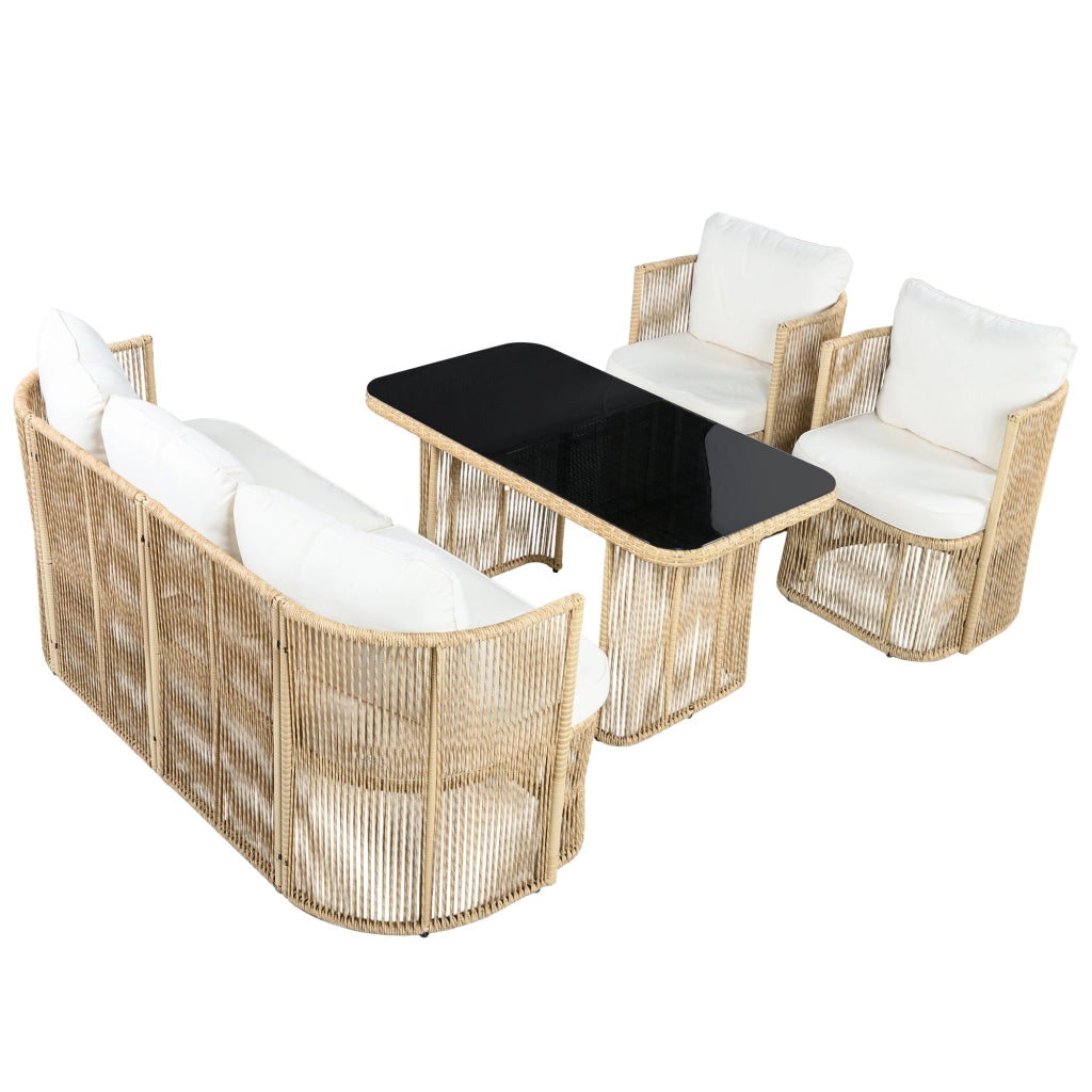 Set da Giardino 4 Pezzi in Polyrattan ¨C Xylo ¨C Divano 3 Posti, 2 Poltrone, Tavolino in Vetro, Cuscini