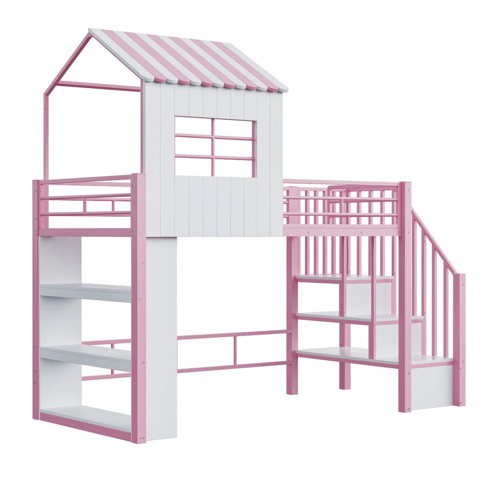 Letto a Soppalco Singolo in Metallo con Scala e Ripiani ¨C Xylo ¨C Rosa 90x200