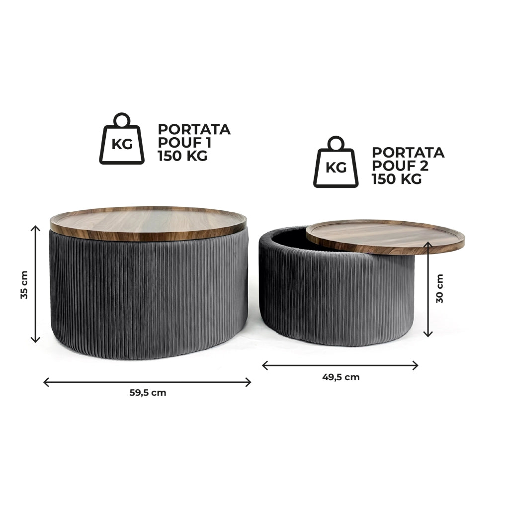 Set 2 Pouf Contenitore Rotondi in Velluto con Coperchio in Legno, Tavolino da Salotto Moderno, Pouf Contenitore Multiuso, Pouf Poggiapiedi, Tavolino Contenitore Salvaspazio Grigio Scuro