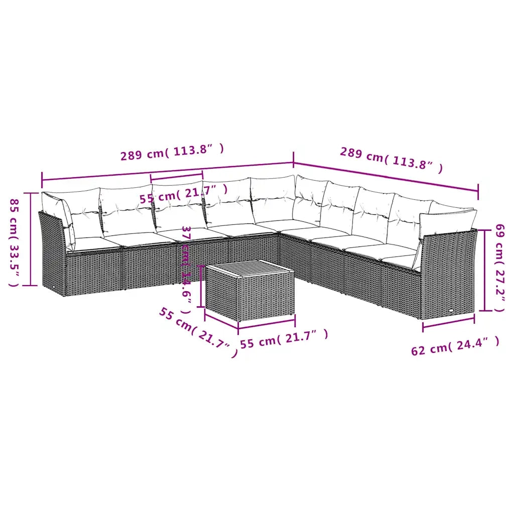 Set Divani da Giardino 10 pz con Cuscini Nero in Polyrattan 3256022