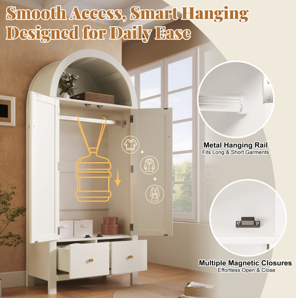 Armadio guardaroba 181x78x45 cm in MDF e metallo; bianco; 2 cassetti; asta appendiabiti