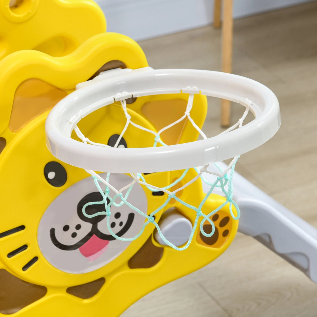 Scivolo per Bambini 18-36 Mesi con Canestro da Basket Laterale in PE, 131x50x74 cm, Giallo e Grigio