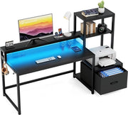 Bureau Home Ufficio con Caricabatterie e Stampante Pianale Reversibile 175 cm con Luce LED Stand del Monitor e Ganci - Nero