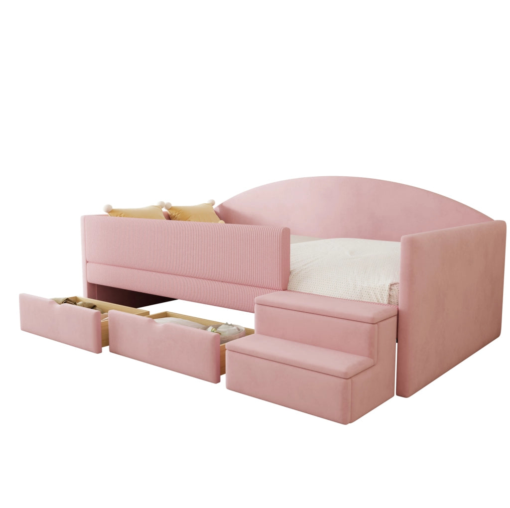Letto imbottito 90 x 190 cm in velluto rosa con 2 cassetti; sponde e gradini