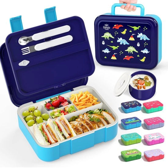 Bento Box per bambini, 1250ml, con forchetta e cucchiaio, con 5 compartimenti e contenitore per salse, non lavabile, BPA-free (dinosauro)