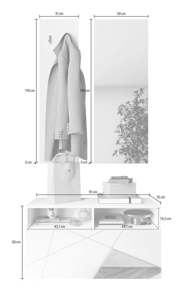 Rizzuto, Mobile da Ingresso Specchio Incluso, 91x36x165h cm Bianco Lucido
