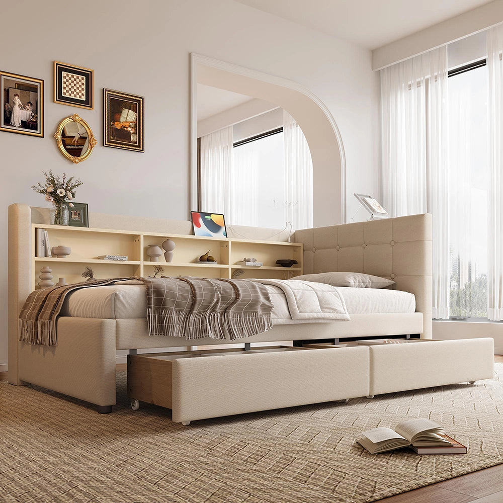 Divano letto 90x200cm?- Xylo - 2 cassetti USB-C lino beige