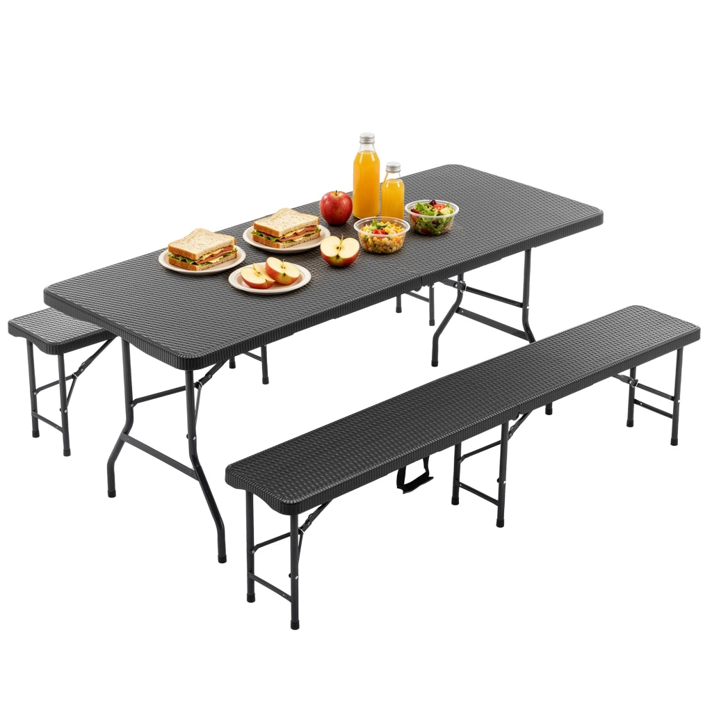 Set tavolo da picnic pieghevole 3 pezzi 6 ft con 2 panche, piano HDPE, chiusura di sicurezza, nero