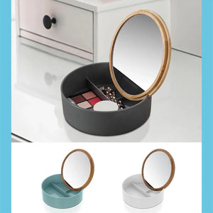 Porta trucchi da bagno tondo in plastica grigia e bambù completo di specchio