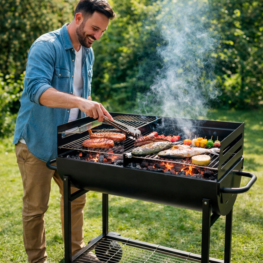 Barbecue In Acciaio Resistente Con Ruote E Ripiano Portaoggetti Alimentazione A Carbone 90 x 45 x 96 Cm Nero
