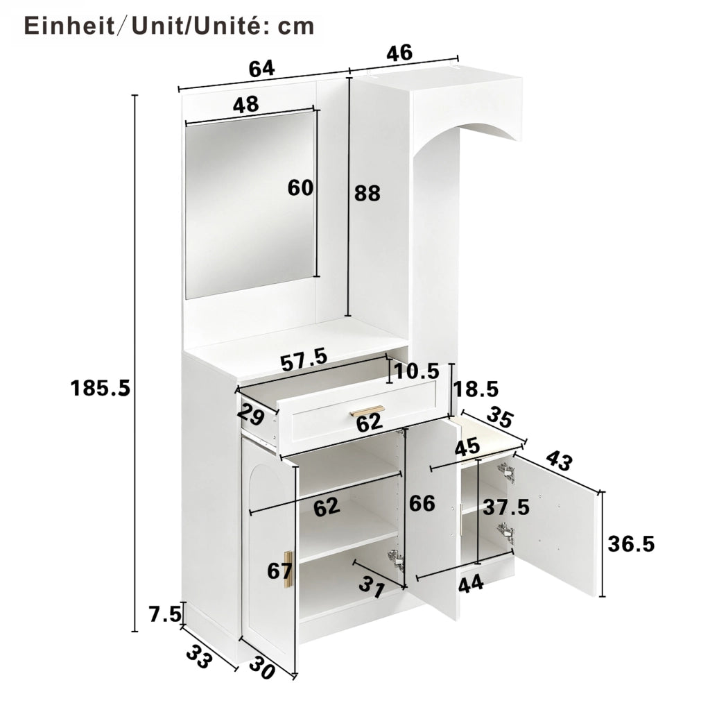 Mobile ingresso multifunzione bianco 110 x 33 x 185;5 cm in MDF con specchio e scarpiera