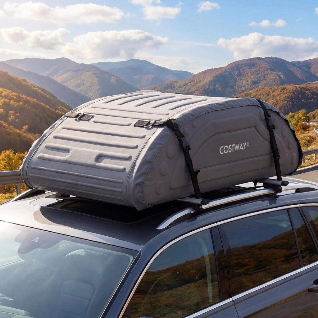 Borsa da Tetto per Auto Impermeabile 14Cu.Ft/400L, Box Tetto Universale Pieghevole con Borsa+ 4 Cinghie Rinforze+ 4 Ganci, Portabagagli per Tutti i Veicoli con/senza Barre Portapacchi (Grigio)