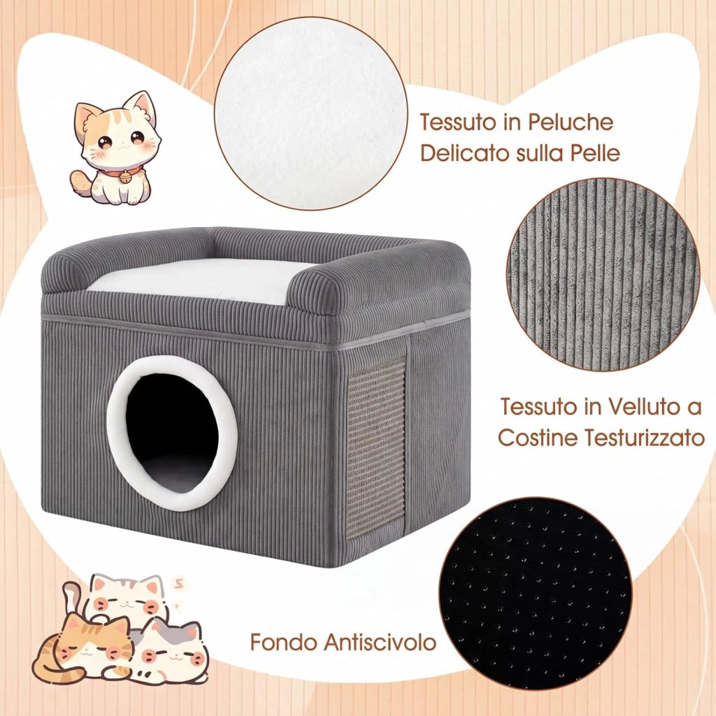 Cuccia per Gatti da Interno, Grande Casetta per Gattini a 2 Livelli con Condo Accogliente, Tappeto da Graffio in Sisal, Cuscino Morbido, Casetta Pieghevole per Animali (Grigio)
