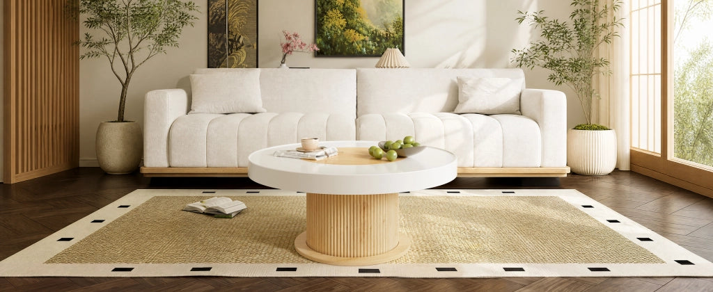 Tavolino basso rotondo con piano bicolore bianco e legno, base cilindrica scanalata, per soggiorno, 75 × 75 × 39 cm