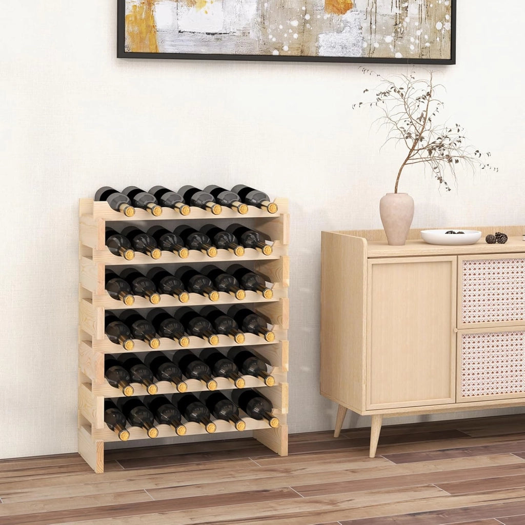 Scaffale Porta Bottiglie di Vino Fino a 36 Bottiglie, Cantinetta in Legno di Pino, 6 Ripiani, 63 x 28 x 85 cm, Naturale (36 Bottiglie)