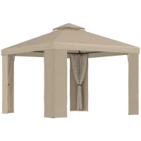 Gazebo da Giardino 3x3m in Metallo con Zanzariera e Tetto a 2 Livelli in Poliestere Cachi