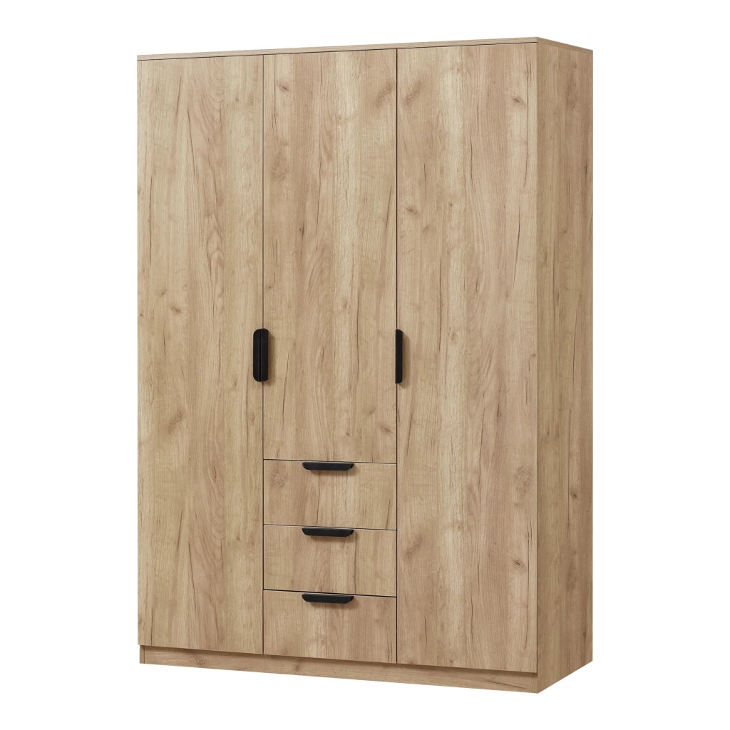 Armadio moderno per camera da letto mobile contenitore senza tempo con 2 aste appendiabiti 4 ripiani e 3 cassetti in MDF 176 x 120 x 52 cm effetto rovere 03_0006374