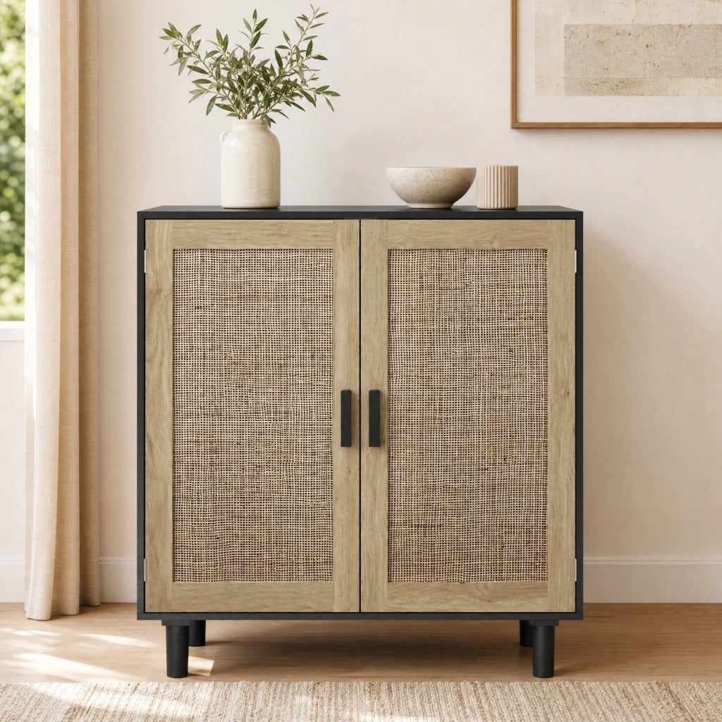Mobile contenitore a 2 ante in rattan con 2 vani aperti e maniglie in legno; per salotto e ingresso; nero; 80 × 40 × 88 cm