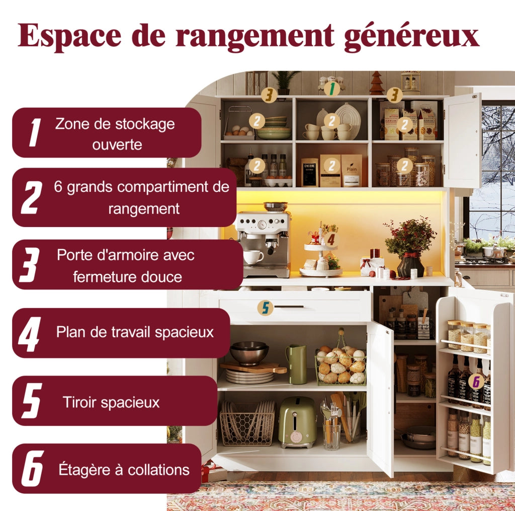 Mobile credenza da cucina con LED; prese e USB 110x38x180 cm in MDF bianco
