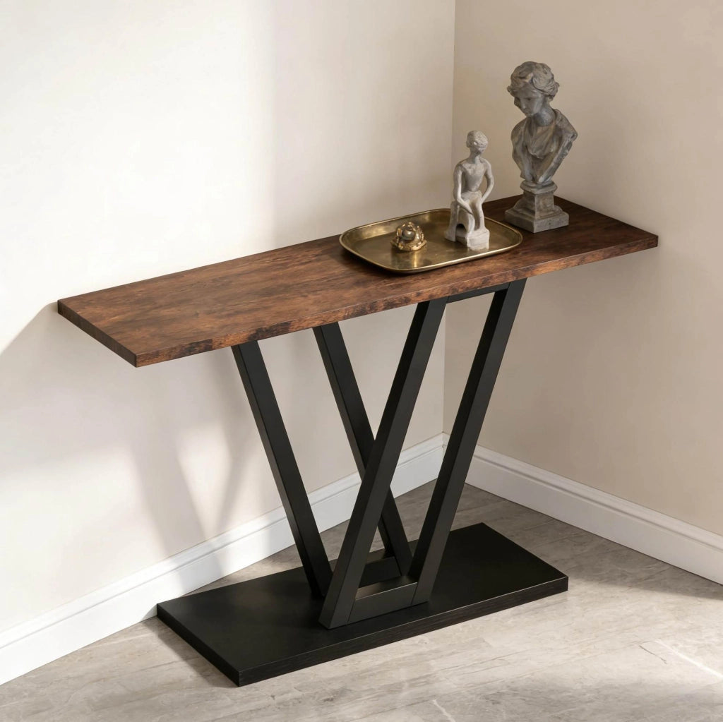 Tavolo consolle stretto 110 x 30 x 80 cm in MDF e metallo; nero e marrone rustico