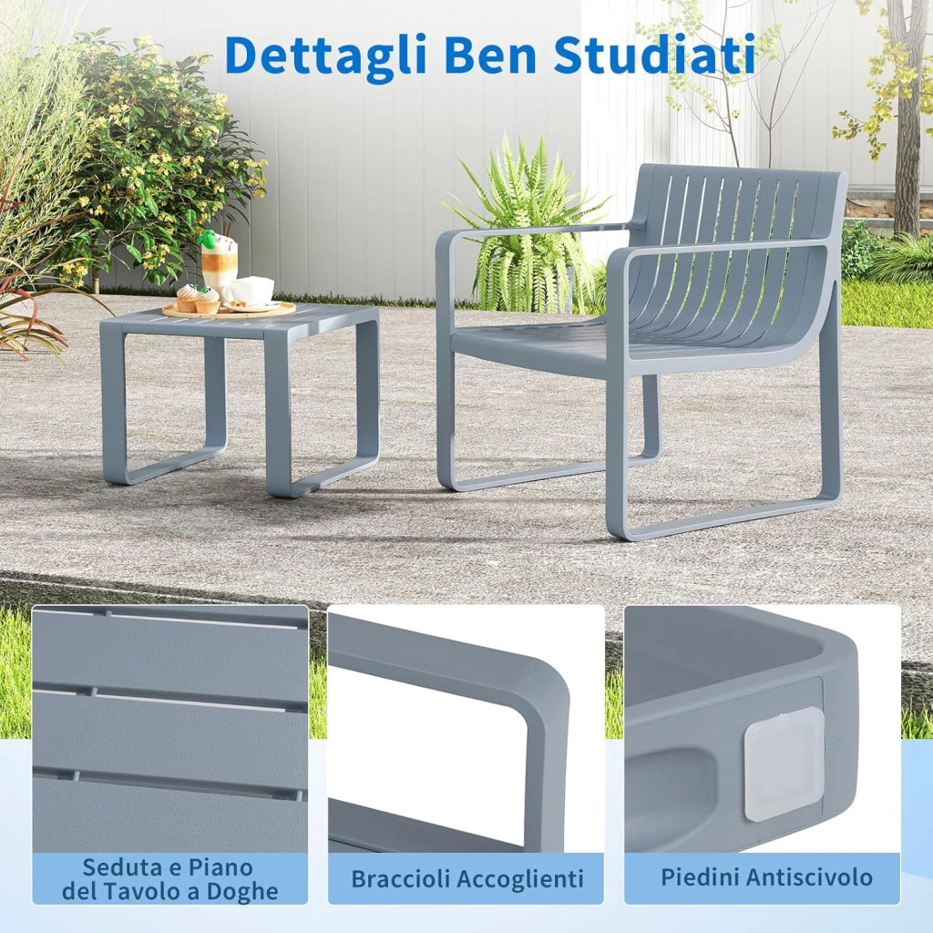 Set di Mobili da Giardino a 2 Pezzi, Poltrona e Tavolino da Giardino, Set da Bistro a Doghe per Patio, Sedia in PP e Tavolino da Caffè Quadrato, Portata 160 kg + 60 kg